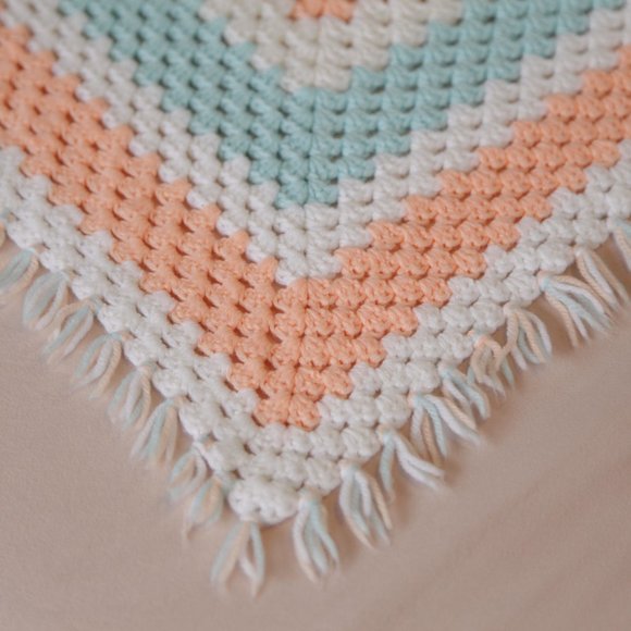 Vintage Handmade Handknit Peach, Blue & White Afghan Baby Blanket 38" x 38" - Picture 2 of 4